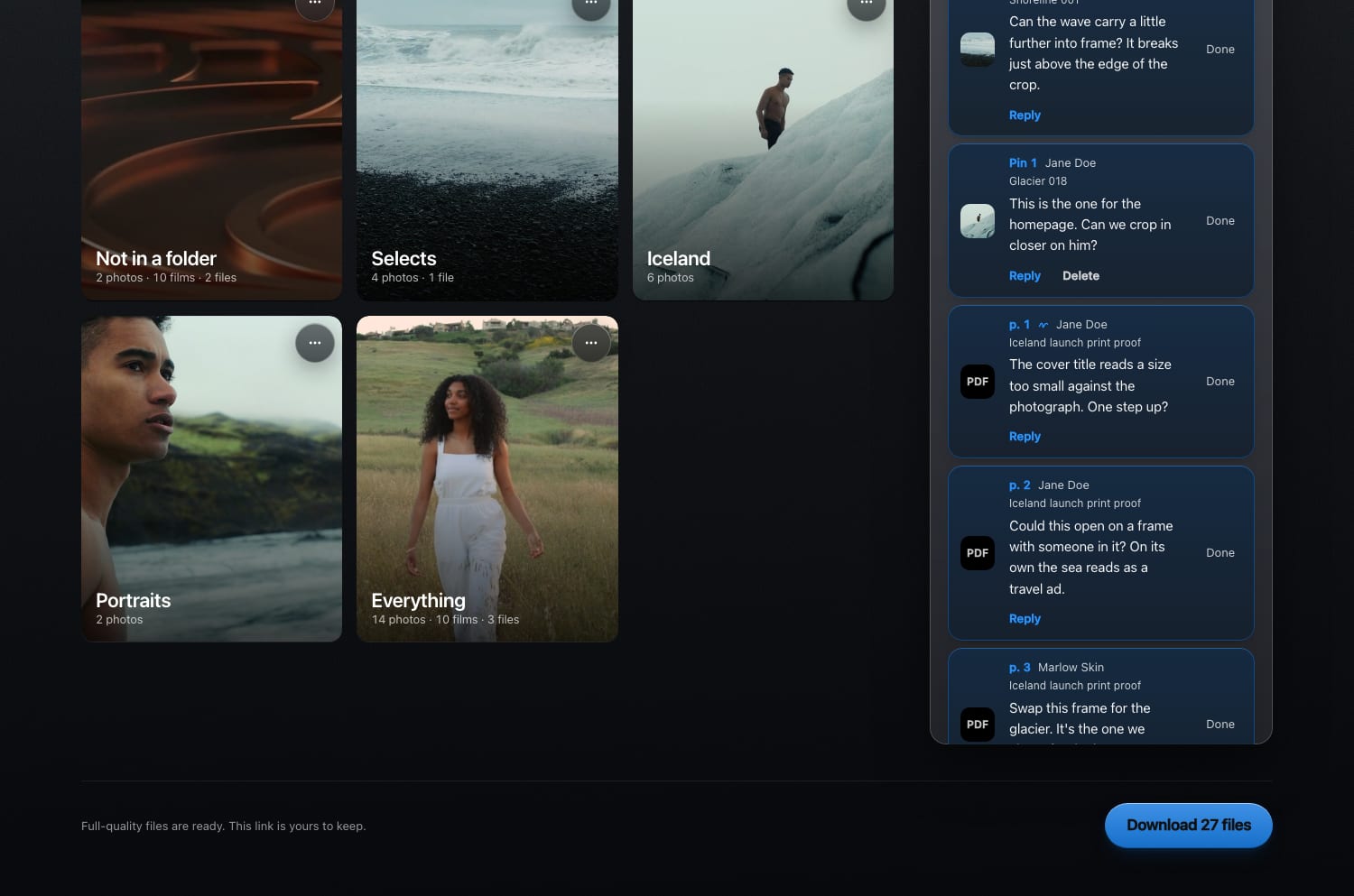 A client’s gallery after approval: folders of photos, films and files as cards, a column of notes beside them, and a Download 27 files button under the line Full-quality files are ready.