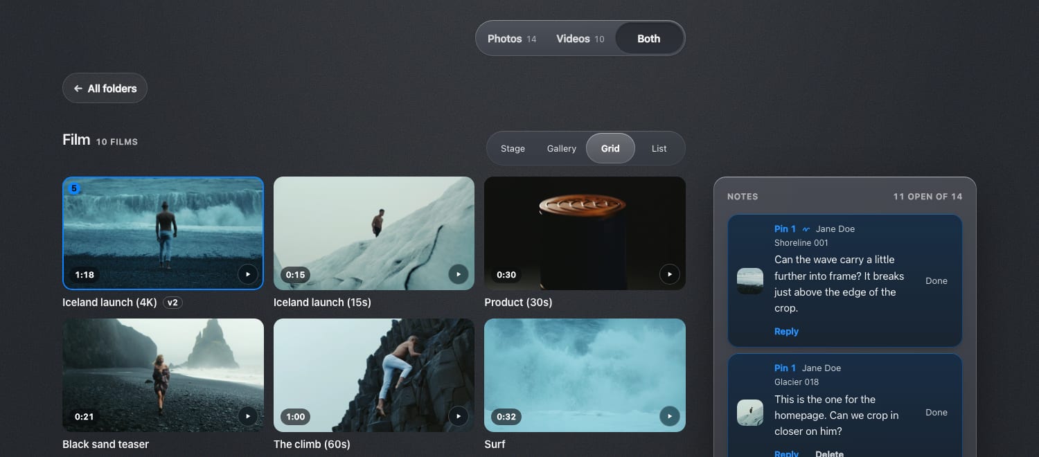 A client’s gallery with a switch for Photos 14, Videos 10 and Both, set to Both, over a grid of films with their lengths and a column of notes on the right.