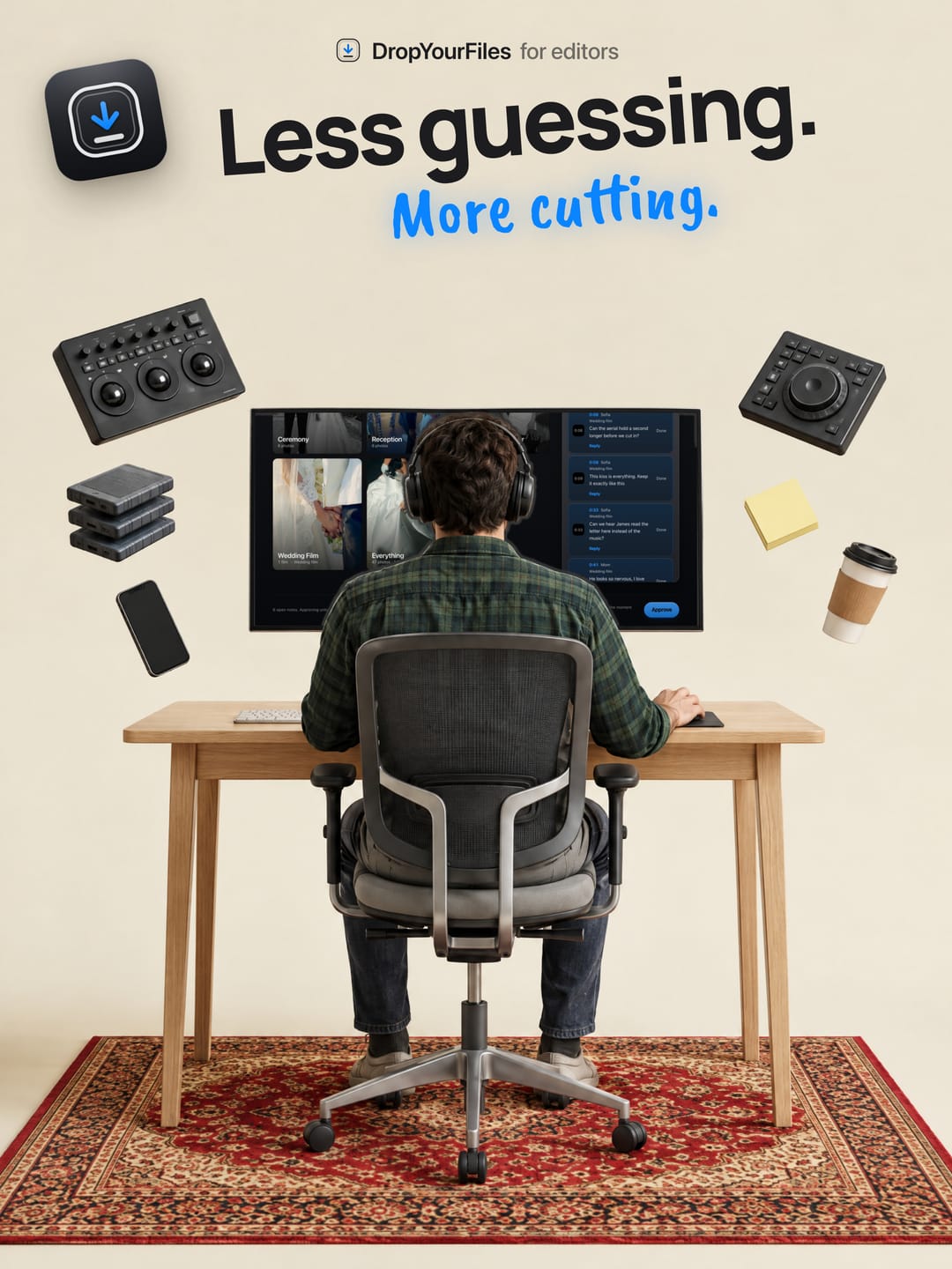 An editor at a desk on a red rug, seen from behind, with a control surface, speakers and coffee floating around the screen. The headline reads “Less guessing. More cutting.”