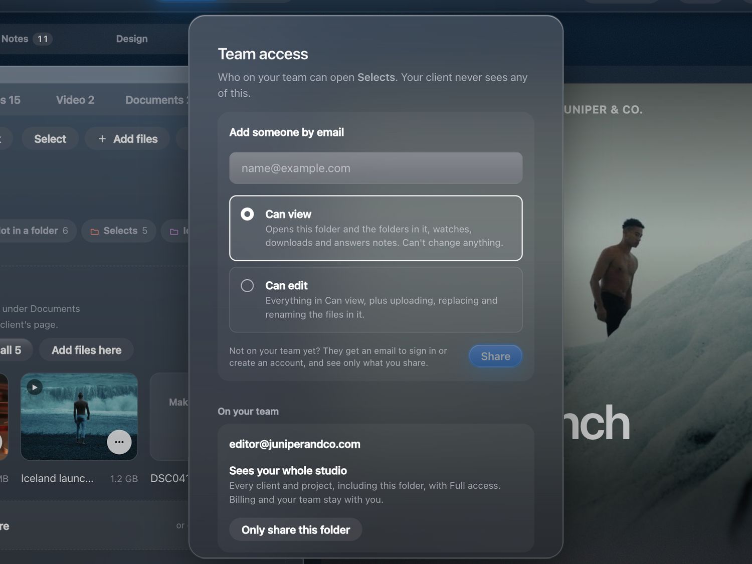The Team access sheet for a folder called Selects: a field to add someone by email, the choices Can view and Can edit with what each allows, and below, an editor on the team who sees the whole studio, with a button to narrow that to this folder.