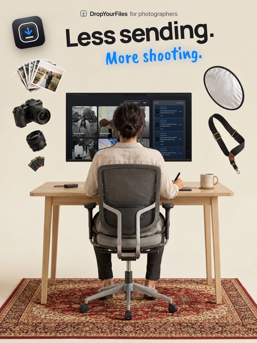 A photographer at a desk on a red rug, seen from behind, with cameras, lenses and prints floating around the screen. The headline reads “Less sending. More shooting.”