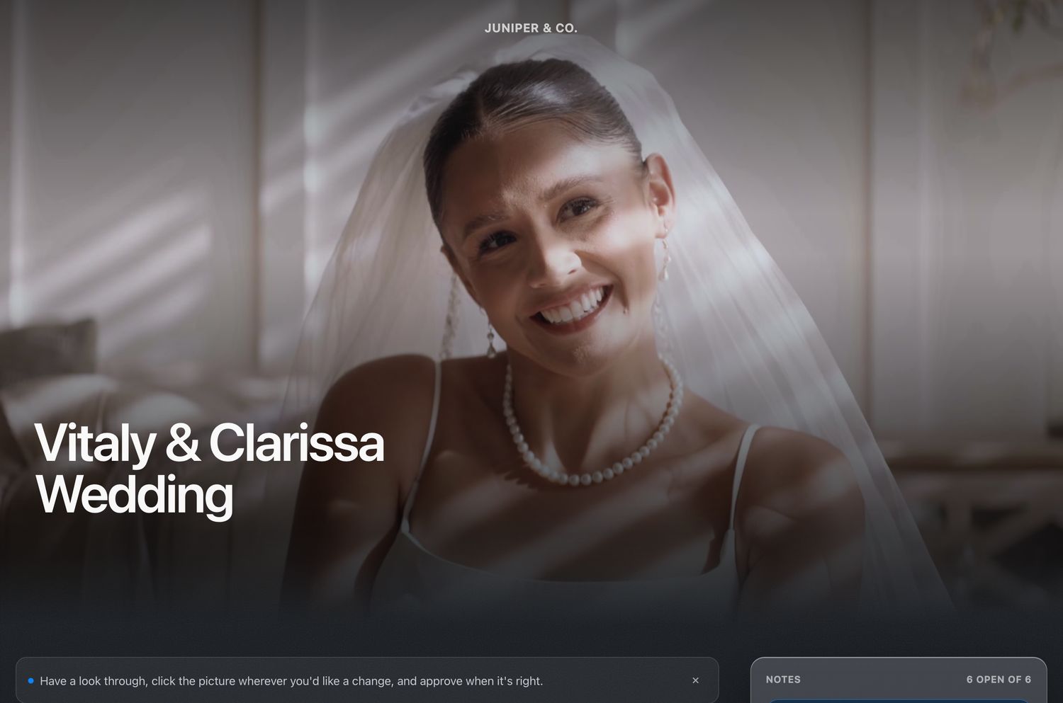 A wedding page as the couple sees it: the studio name at the top, a portrait of the bride, and the couple’s names over the cover, with a line asking them to look through and approve.