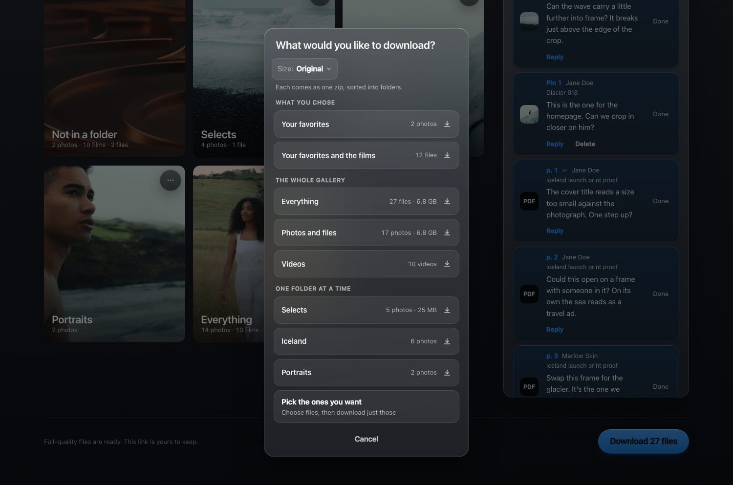 A photo gallery with its download window open, titled What would you like to download?, with a Size menu set to Original, then Your favorites, Everything, Photos and files, Videos and one folder at a time, each with how many files it holds.