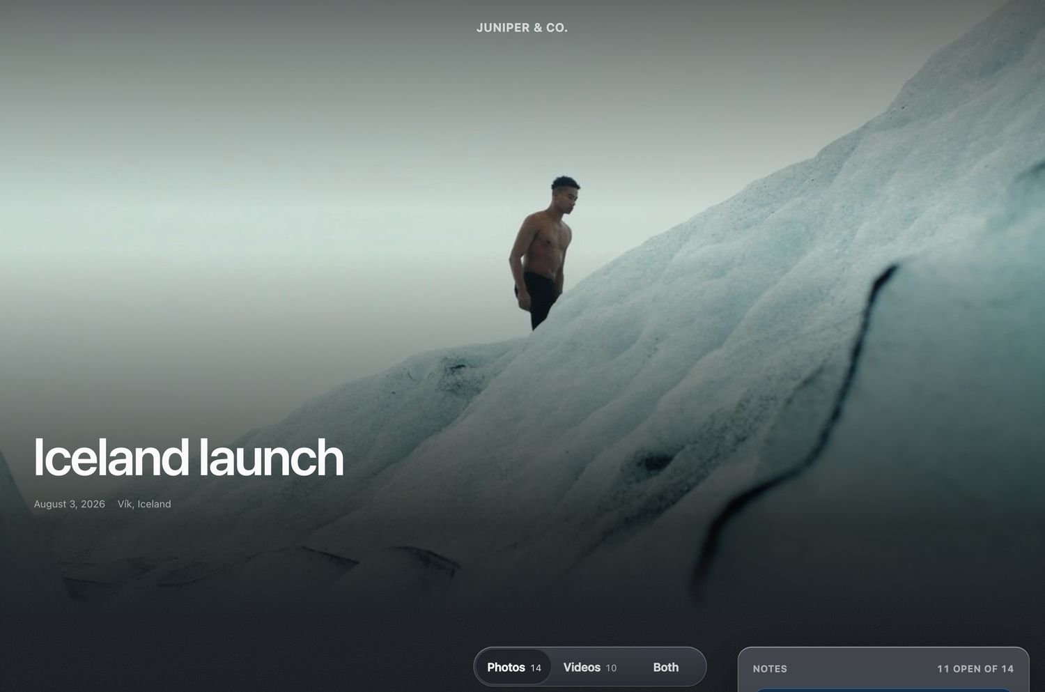 A client’s page opening on a cover photograph of a man walking across a glacier, titled Iceland launch, with buttons for Photos, Videos and Both at the bottom.