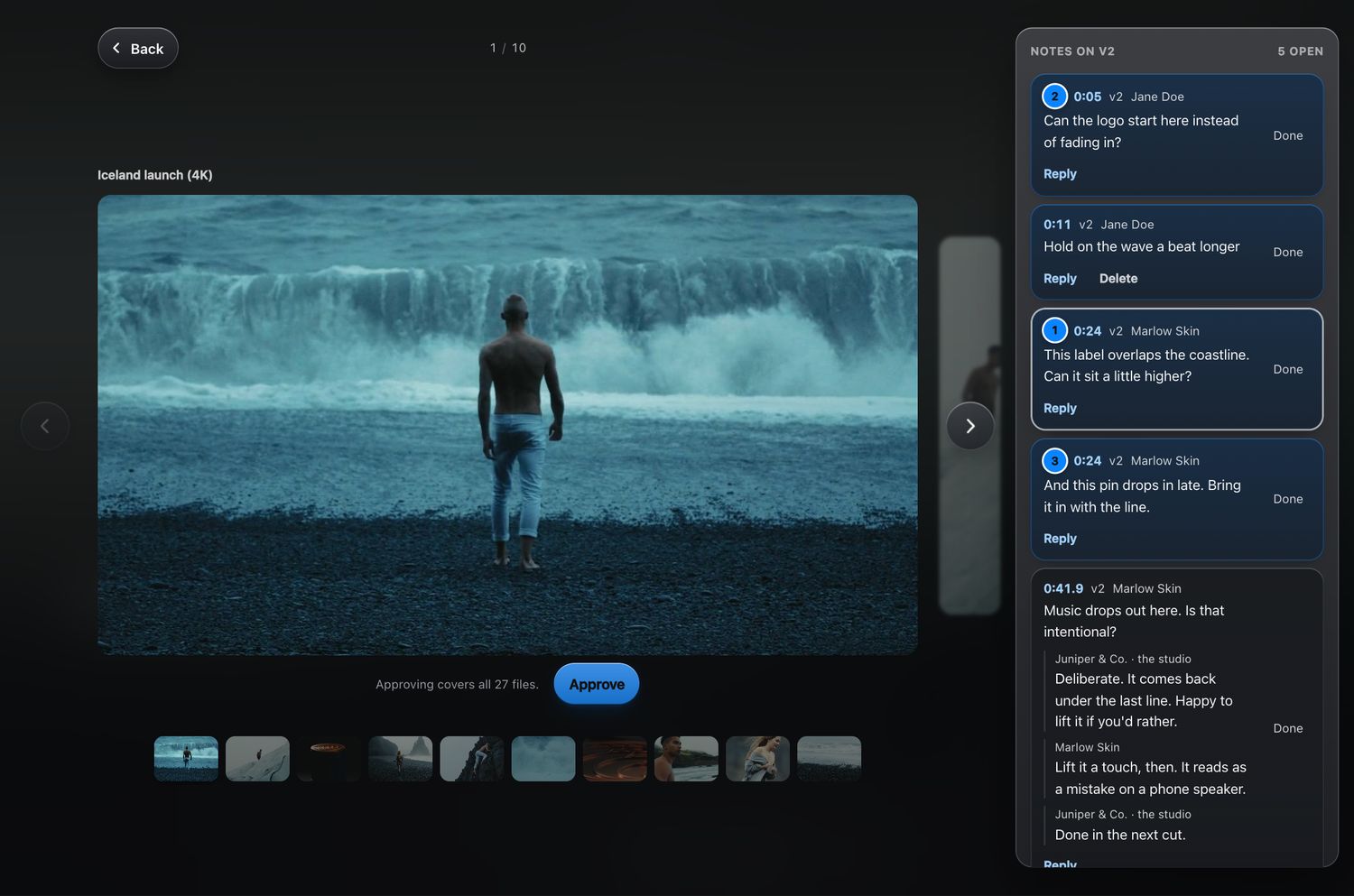A client’s page with a film of a man facing a breaking wave, an Approve button under it, and a column headed Notes on v2 listing notes at 0:05, 0:11, 0:24 and 0:41.9, each with the name of who left it, and a reply from the studio under one.