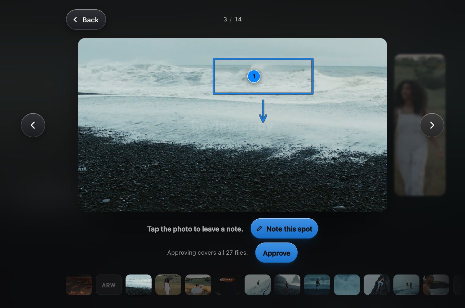 A photo of waves on a black-sand beach open on a client’s page, with a numbered pin on the wave, a box drawn around it and an arrow pointing down, the words Tap the photo to leave a note, and an Approve button.