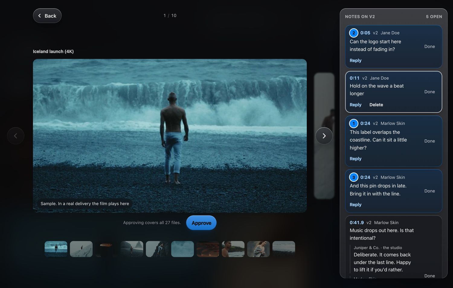 A client’s page on DropYourFiles: a film of a man walking toward the surf, an Approve button under it, and a column of notes beside it, each with a time such as 0:05, 0:11 and 0:24 and the name of the person who left it.