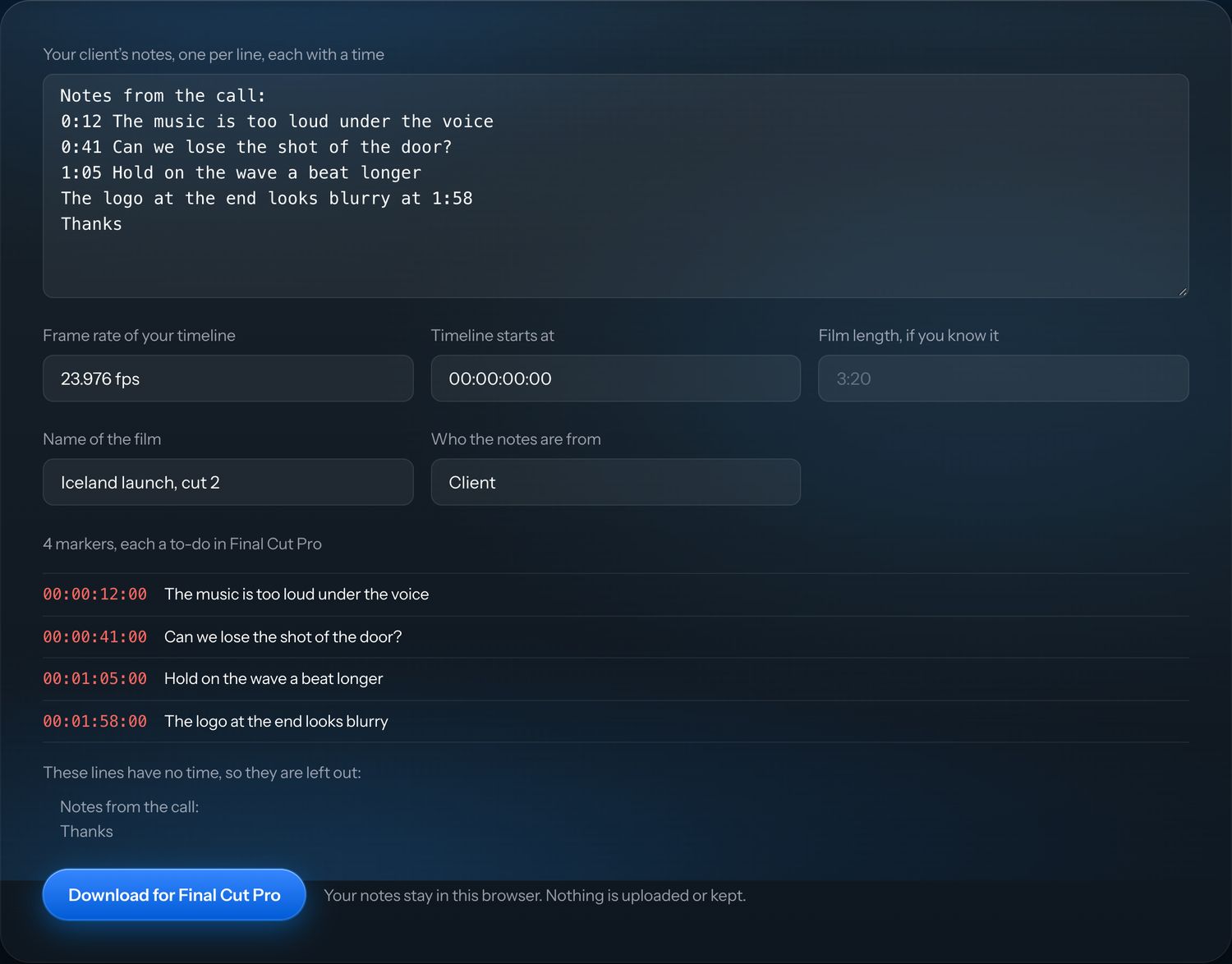 The free notes to Final Cut markers tool with five lines pasted from an email. Four lines with a time are listed as to-do markers at 00:00:12:00, 00:00:41:00, 00:01:05:00 and 00:01:58:00, and the greeting and sign-off are listed as left out.