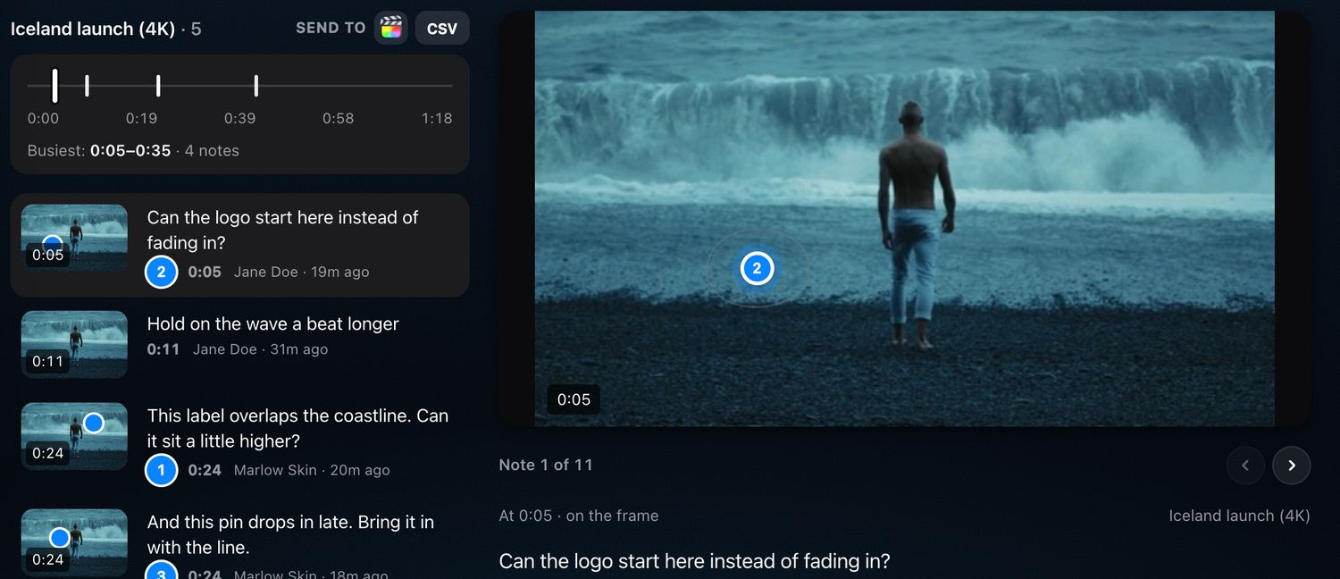 The studio’s Notes view for the same film: the notes marked on the film’s timeline, a list of notes with times, and Send to Final Cut Pro and CSV buttons above them.