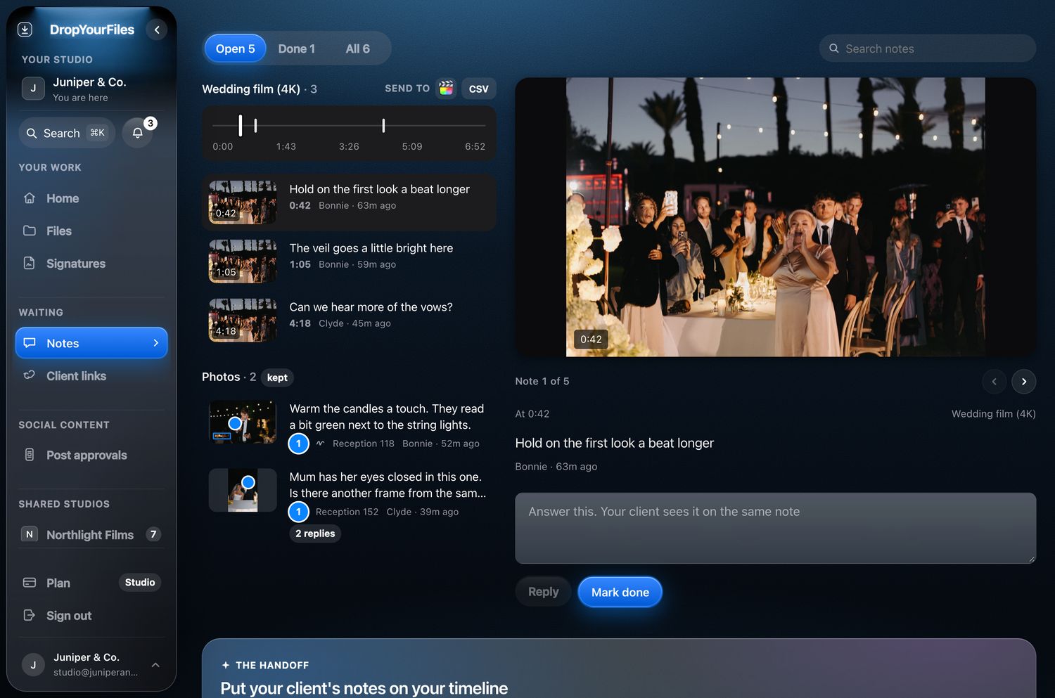 The studio’s Notes view: a list of notes on a wedding film, each with a timecode and the name of who left it, a timeline with note marks, and a Send to Final Cut Pro button.