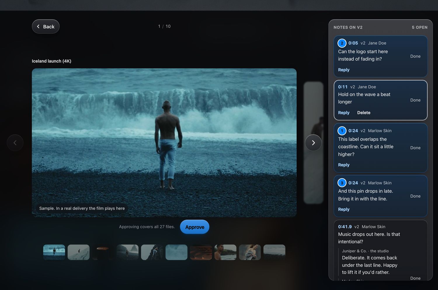 A client’s page playing the second version of a film, with a column headed Notes on v2 listing notes at 0:05, 0:11 and 0:24, each tagged v2 with the name of the person who left it.