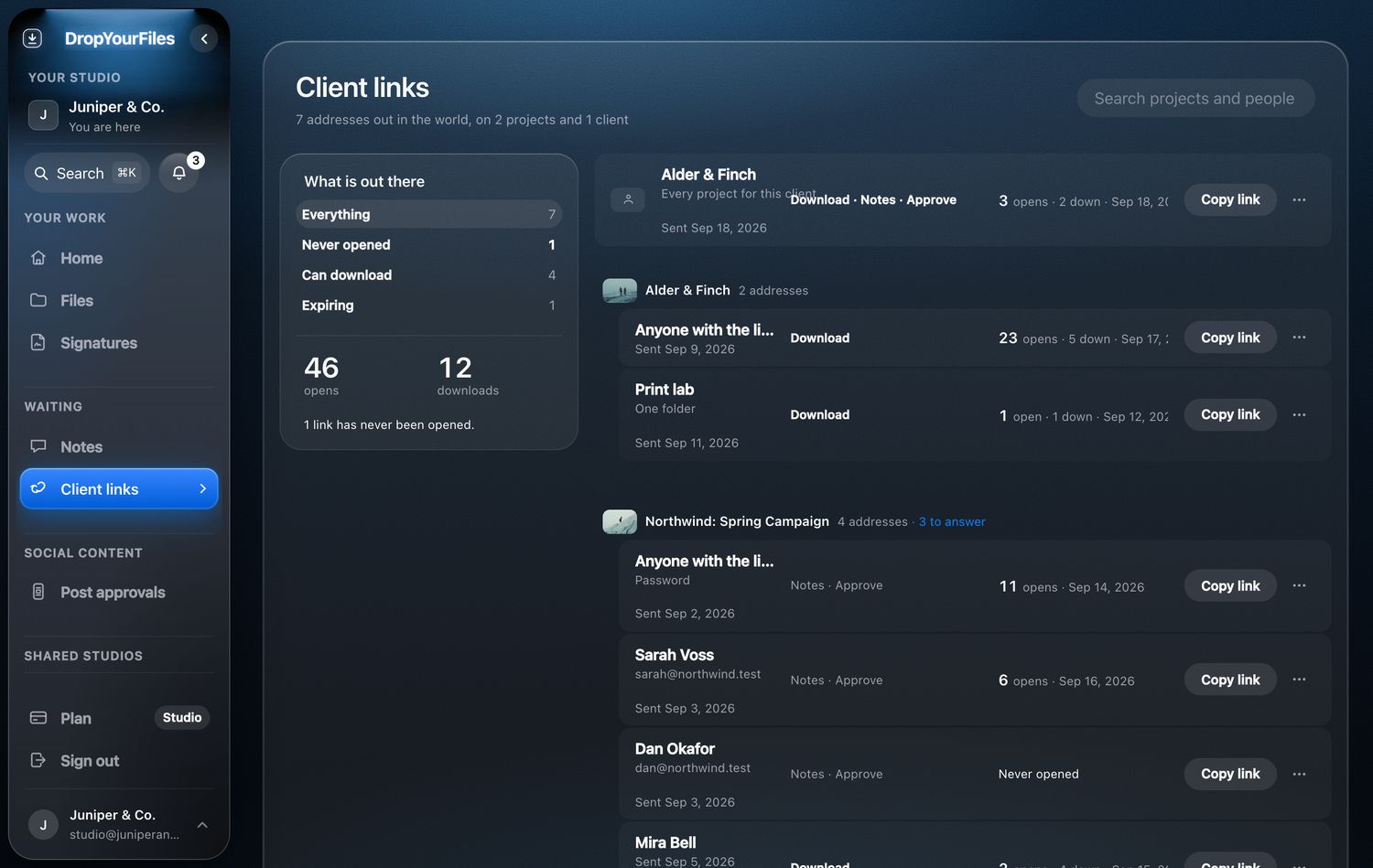 The studio’s Client links page: every link that’s out, grouped by client and project, with its opens and downloads, which links have never been opened, and one link marked Password.