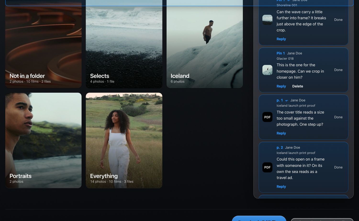 A client’s page with photo folders named Not in a folder, Selects, Iceland and Portraits, and a column of notes pinned to photos, one asking to crop in closer.