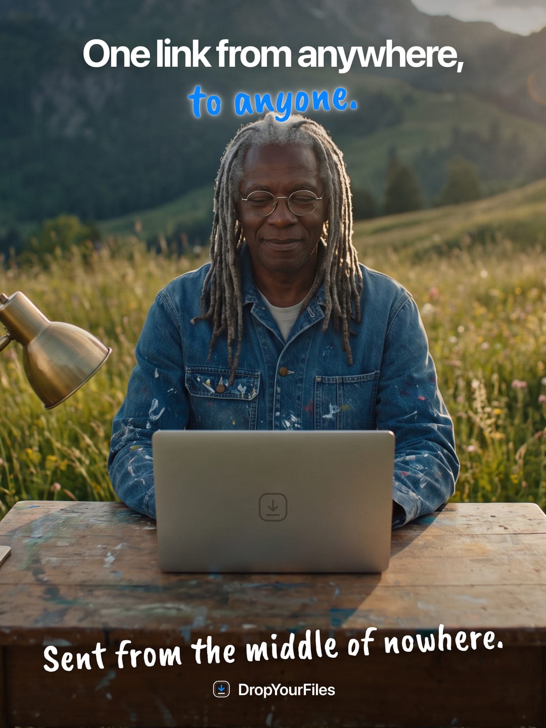 A man with gray locs at a laptop on a desk in a mountain meadow. The headline reads “One link from anywhere, to anyone.” and the line at the foot, “Sent from the middle of nowhere.”