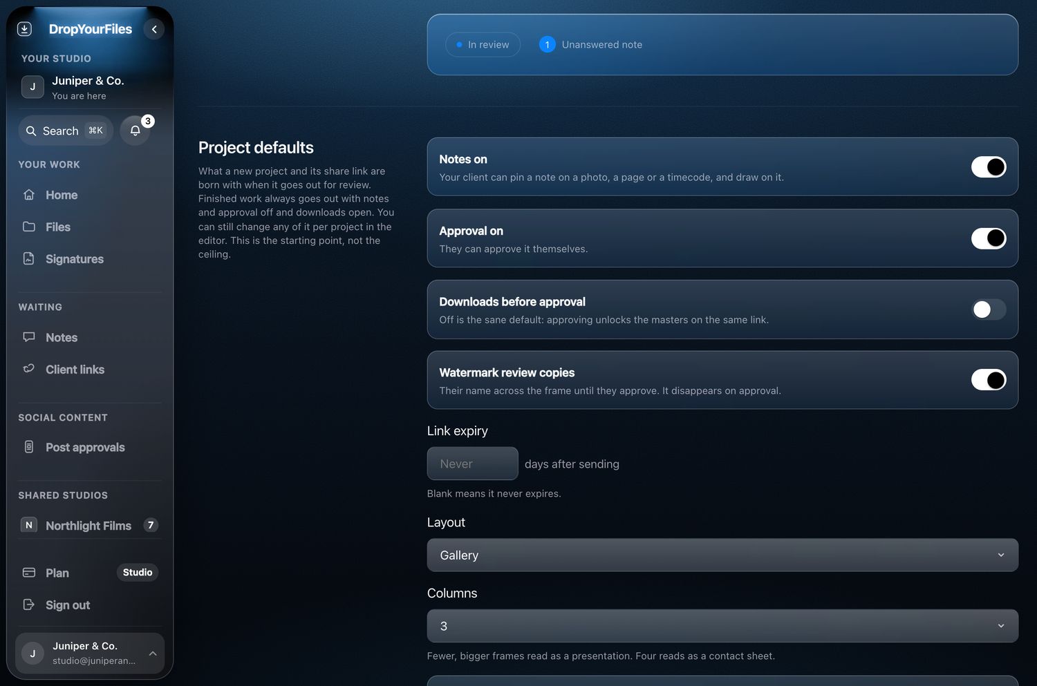 The studio’s Account page, Project defaults: switches for Notes on, Approval on, Downloads before approval (off) and Watermark review copies (on), with a link expiry field below.