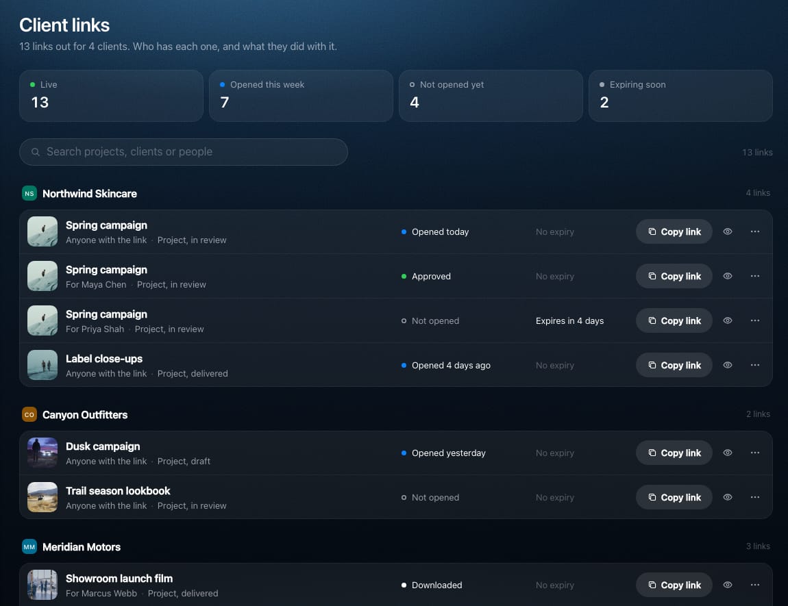 The studio’s Client links page: counts for Live, Opened this week, Not opened yet and Expiring soon, then each client’s links with a state beside it, such as Opened today, Approved, Not opened and Downloaded, and an expiry where one is set.