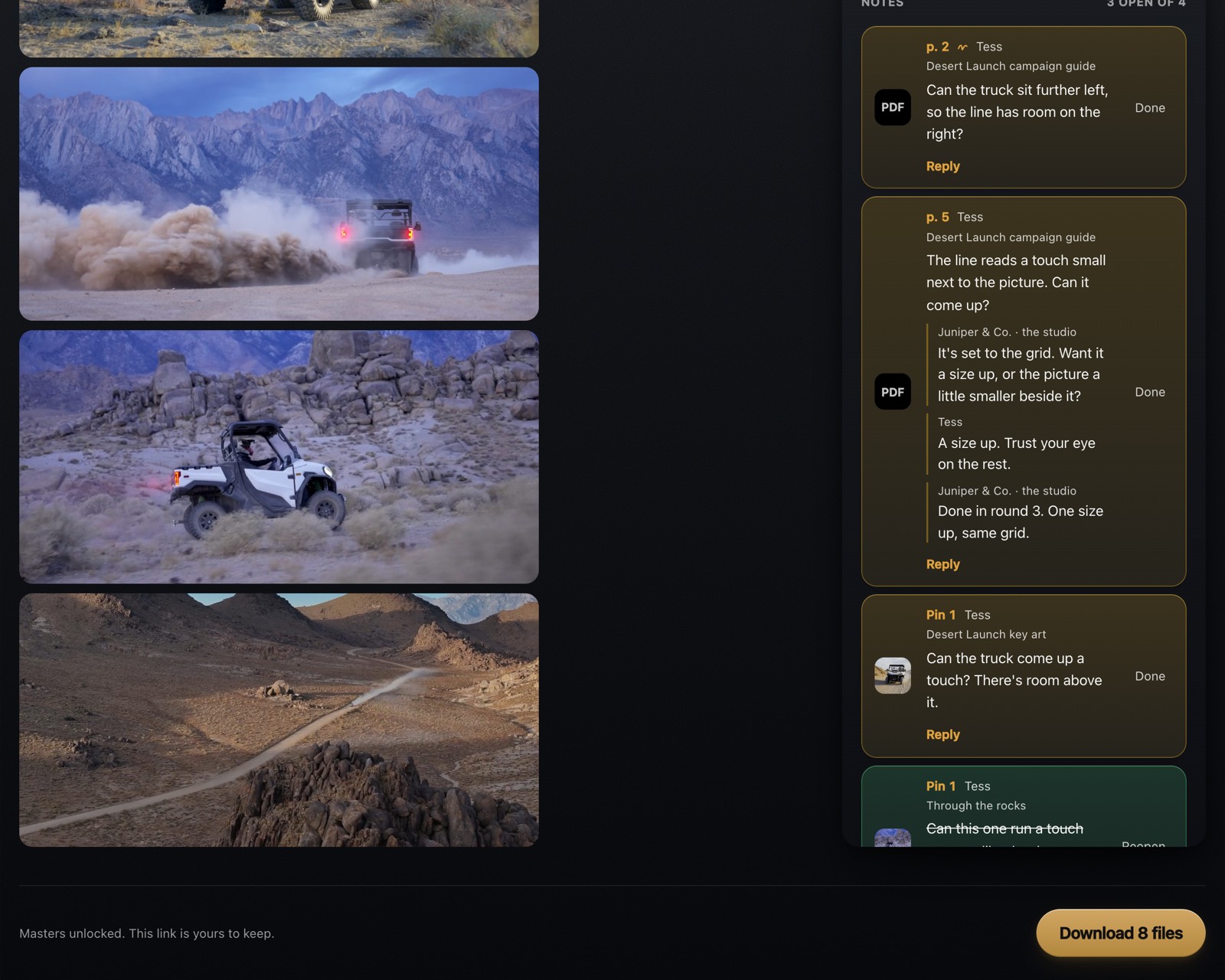 The client's page after approval: the notes settled, Masters unlocked. This link is yours to keep, and a Download 8 files button