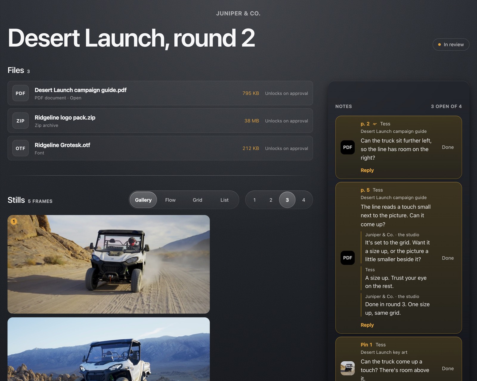 The client's page as it opens: Juniper & Co. over a plain ground, Desert Launch, round 2, then the Files list (the guide, the logo pack, the font) and the stills