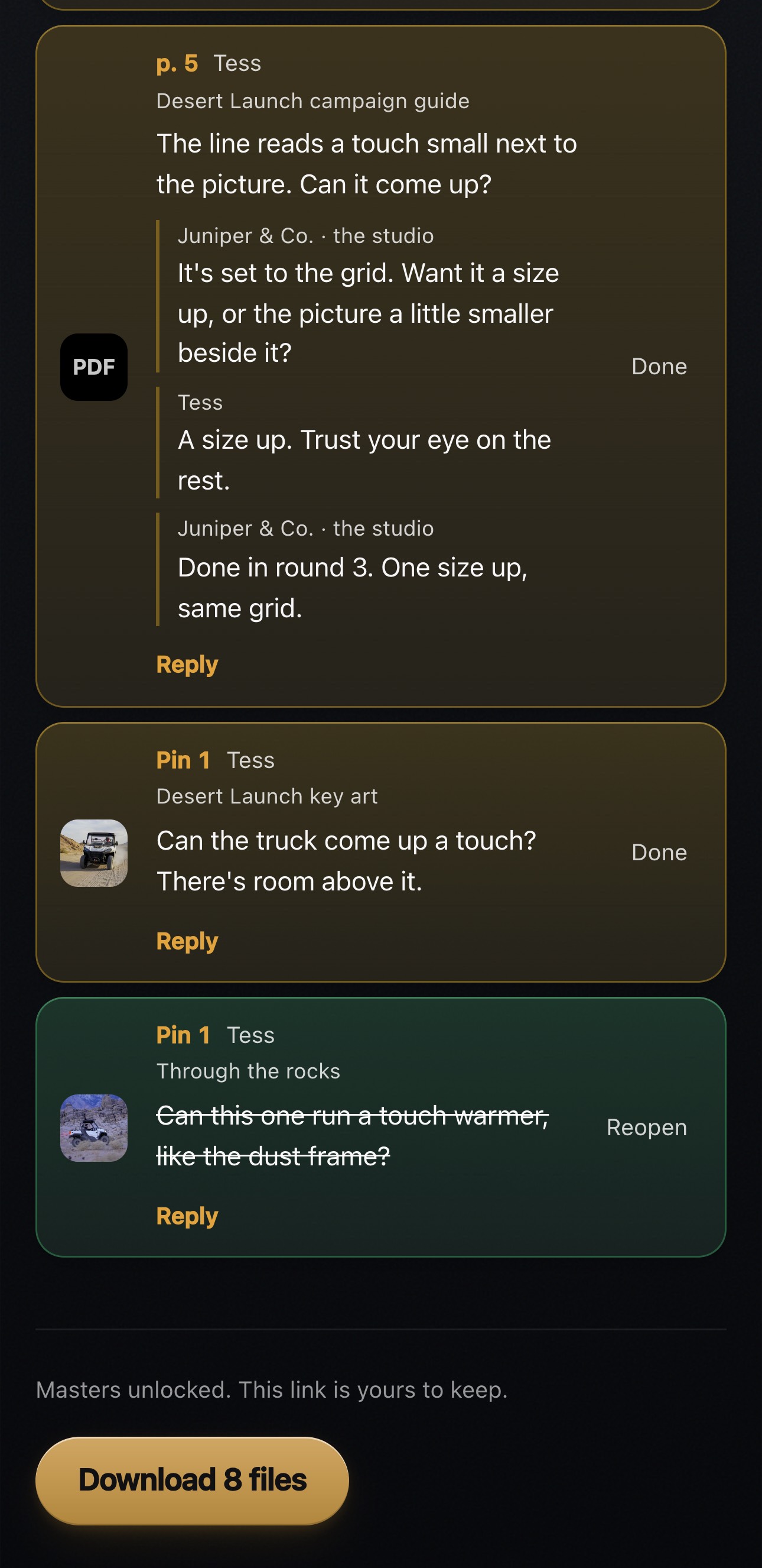 The client's page after approval: the notes, then Masters unlocked. This link is yours to keep, and Download 8 files