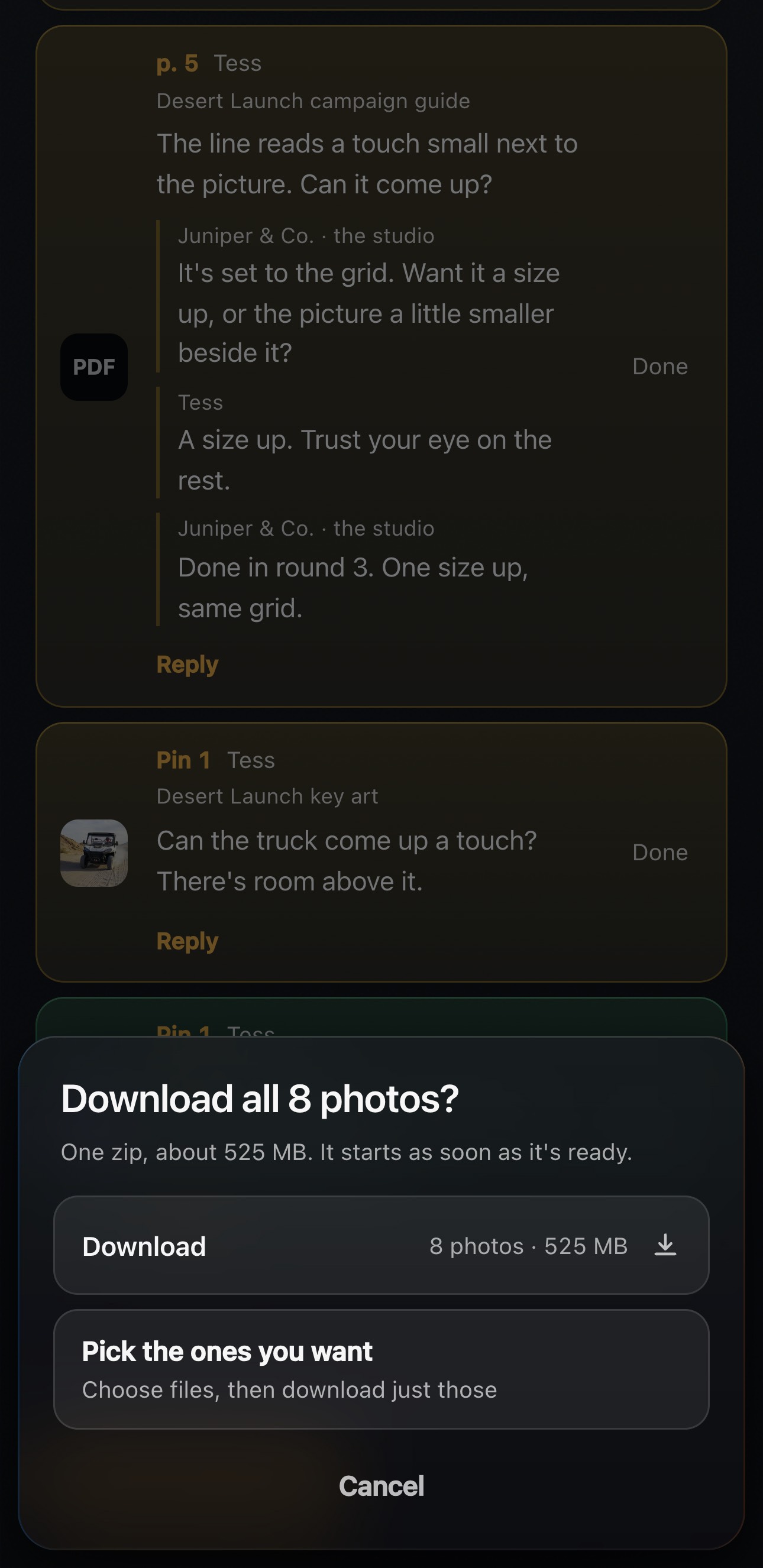 The download sheet over the page: Download all 8 photos? One zip, about 501 MB, Download, Cancel